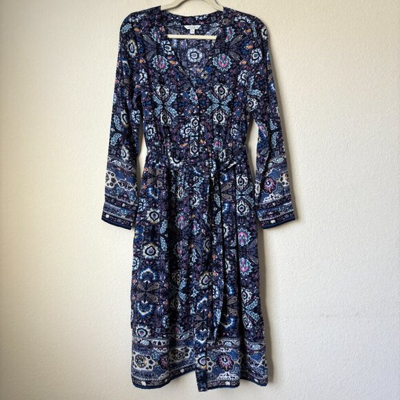 Lucky Brand Boho Floral Print Long Sleeve Tie Waist Midi Dress - Picture 1 of 15